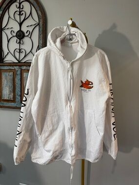 Pirana Joe Hooded beach wear Zip Jacket with Orange Fish Graphic EUC XL